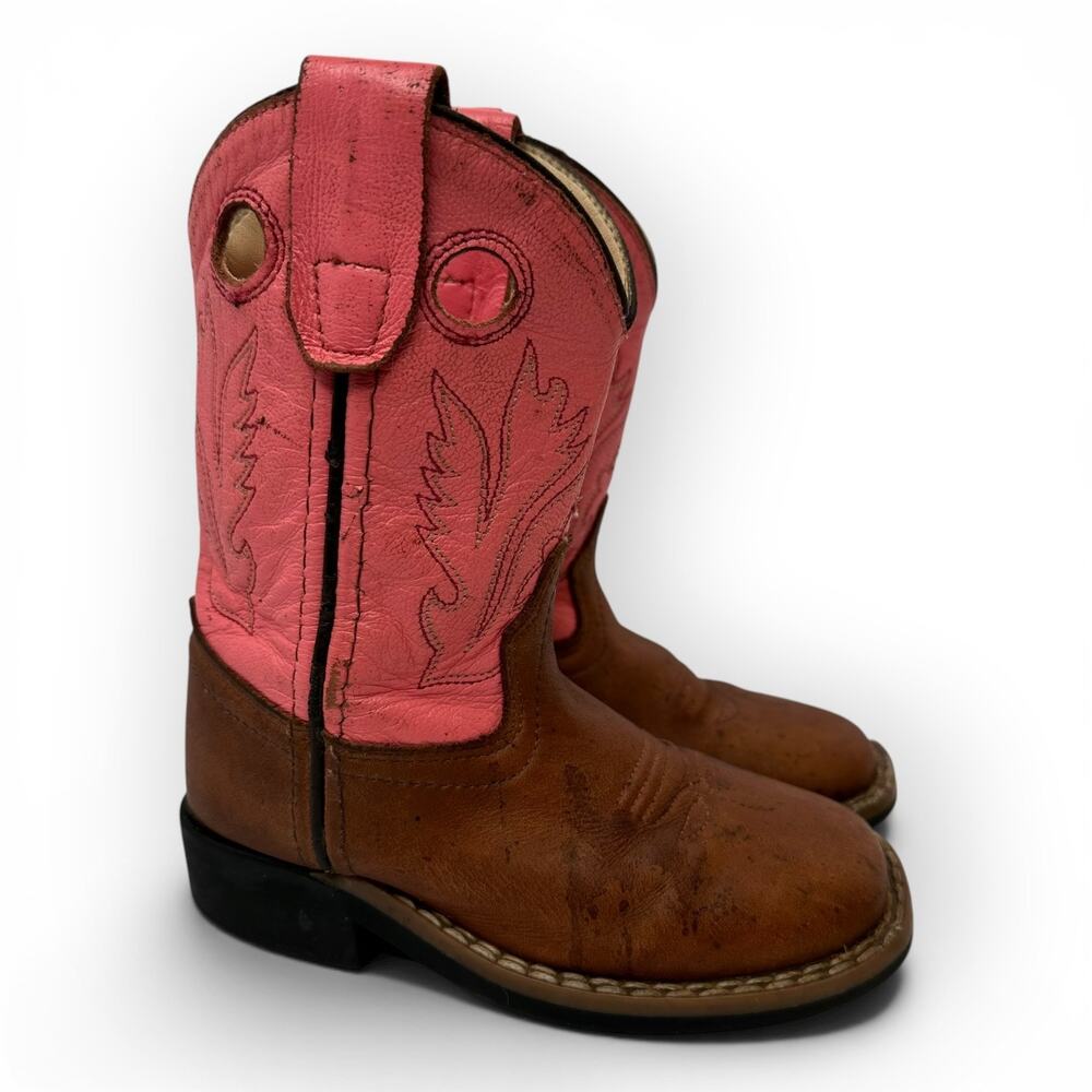 Old West Toddler Girls Western Boots Tan Canyon & Pink Square Toe Size 7 T